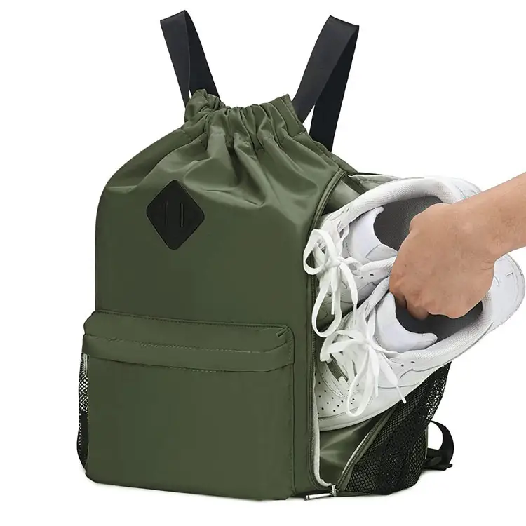 water resistant drawstring gym bag backpack drawstring gym sack bag high quality with shoe compartment logo