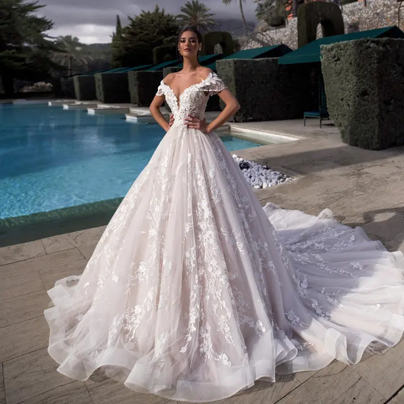 Frauen Kleidung Luxus Spitze Kleid für Frauen Hochzeits feier New White Card Schulter Tüll Brautkleider