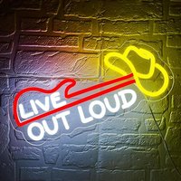 Enseigne néon Rock : Silhouette de guitare électrique et chapeau de cowboy, avec graphisme typographique personnalisé, pour saloon, pub, lieux de musique live et lieux de rassemblement