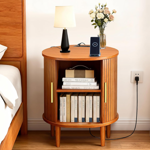 <span class=keywords><strong>Table</strong></span> de chevet cannelée de style Mid-Century avec station de charge, porte coulissante, étagère réglable, <span class=keywords><strong>table</strong></span> d'appoint jaune - Product Image 4