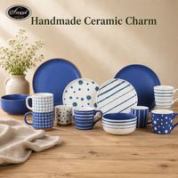 Service de table en céramique bleu roi SWT, peint à la main, motif à pois et rayures, assiettes, bols, tasses, vente en gros