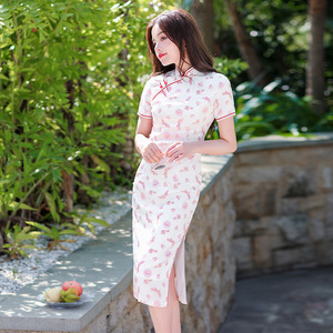 Vestido Cheongsam de Longitud Media para Mujer, Estilo Fresco y Retro, Tradicional Chino, Qipao Largo para <span class=keywords><strong>Fiesta</strong></span>, <span class=keywords><strong>Vestidos</strong></span> de Verano Elegantes para Mujer a Precio Económico - Product Image 4