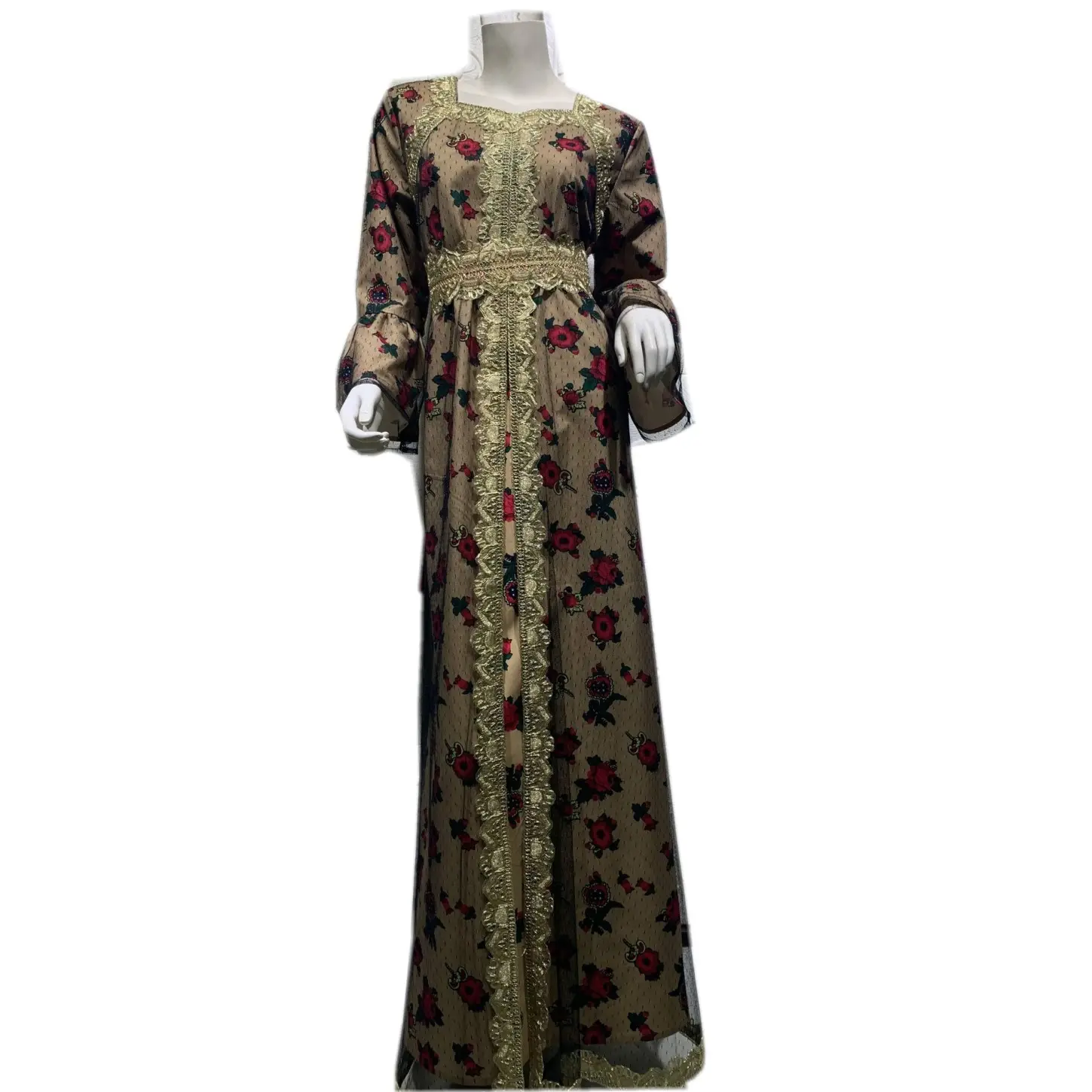 준비 배송 여성 전통 이슬람 여성 사우디 아랍 드레스 Fower 피는 긴 소매 맥시 길이 카디건 가운 새시