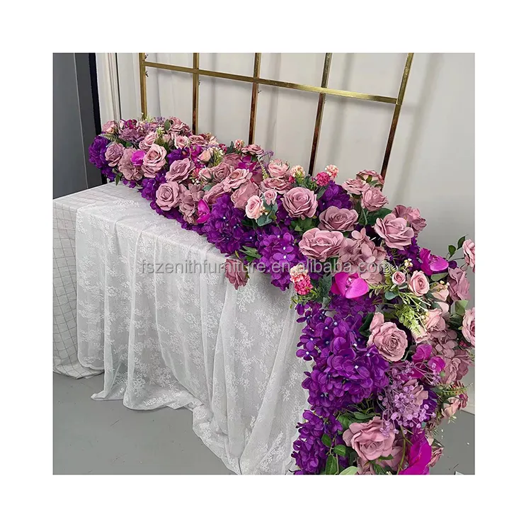 Chemin de fleur de table violet en soie artificielle en gros d'usine pour la décoration d'événement de fête de mariage