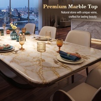 Ensemble de table à manger de banquet avec plateau en marbre veiné doré et 6 chaises en bois pour penthouse, solution intégrée de chaise et de mobilier pour la maison
