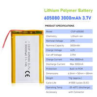Batterie lithium polymère de poche CSIP 605080LP, batterie LiPo rechargeable 3,7 V, 3 000 mAh, batterie lithium-polymère pour banque d’alimentation