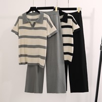 Ensemble pull décontracté et tendance pour femme Tks, nouvelle collection été, respirant, motif rayé, haut tricoté et pantalon large à coupe ample.