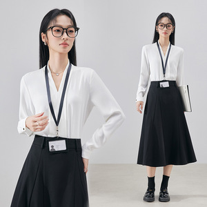 Light Blue V Neck Long Sleeve Shirt Women Solid Color Office Wear Polyester Blouse Simple Design Spring Autumn Commute Top - Product Image 2