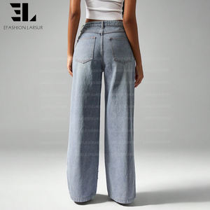 بنطلون جينز نسائي فضفاض بخصر عالٍ من LARSUR، مزين بالأحجار الكريمة واللؤلؤ، بتصميم ممزق وغسيل مميز - Product Image 5