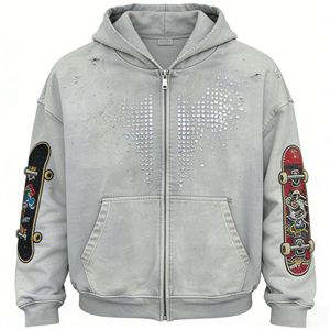 Sudadera con capucha gris desgastada con cremallera, parches de lentejuelas de corazón y patineta para hombre, chaqueta informal de moda urbana - Product Image 1