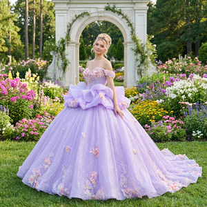 Vestido de Quinceañera Morado Dy6878-1, Vestido de Novia Lila, Vestido de Fiesta con Escote Corazón, Apliques de Chifón, Cintura Natural - Product Image 1