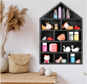 Boîte d'ombre en bois en forme de maison 10 W X 2 1/4 D X 15 H étagère de présentation suspendue organisateur armoire de curiosité murale