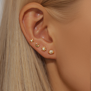 Nouvelles boucles d'oreilles clous en argent S925 plaqué or, motif étoile et lune, zircon, pour usage quotidien, lot de 4, très vendues - Product Image 3