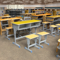 Ensemble bureau et chaise d'étude 2 places en contreplaqué jaune moderne, durable et écologique, avec structure en acier, style indonésien, pour école, maison, bureau, chambre