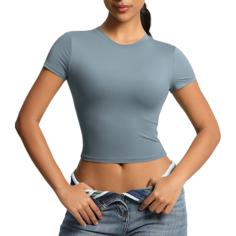Cross-border Double-sided Nylon Casual Tight Quick-drying Pilates Top Yoga Clothes Short Sleeve Running Workout Exercise