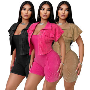 2025 Sommer Frauen Outfit Vintage Beizen Kurzarm Freizeit jacke Turn-Down Kragen Bodycon Jumps uit 2-teiliges Set für Frauen - Product Image 1