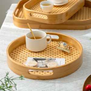 Ensemble de plateaux en bambou ronds et rectangulaires, motif en rotin naturel, pour servir thé, café, en-cas, rangement et présentation à la maison ou au bureau - Product Image 2
