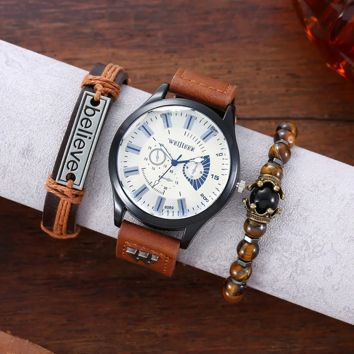 Fashion 3PCS Watch Gift Set Quartz Watch And Bracelet Set Stylish Leather Men Watch Sets With Box