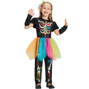 Girls Punky Skeleton Costume, Funky Bones Jumpsuit Hairpin Arm Warmers Black Colorful Set for Halloween Dress Up Party Cosplay