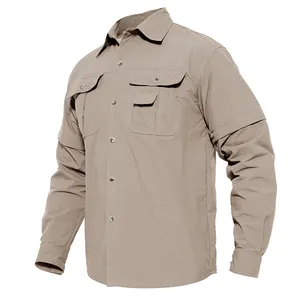 Custom Outdoor Tacvasen Sneldrogende Upf50 + Multi Pockets Cargo Werk Shirts Heren Safari Wandelen Vissen Shirts