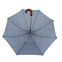 Parapluie pliant semi-automatique compact à 8 baleines, motif vichy bleu et blanc, pour usage quotidien, avec poignée longue manuelle et crochet en J