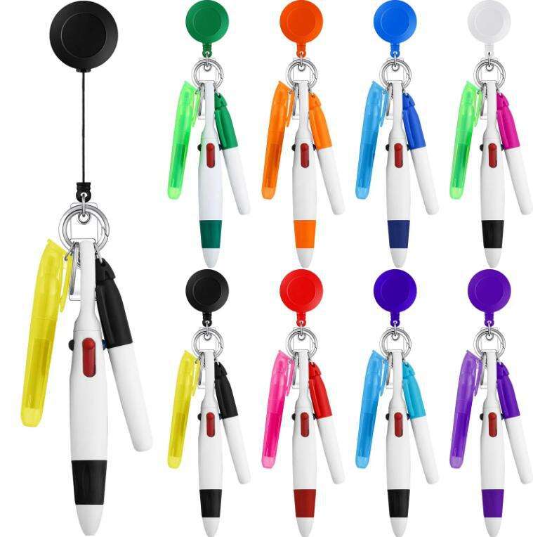 Retractable Shuttle Pen Set Badge Reel Mini Highlighter Neon