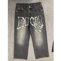 Jeans en Denim Personnalisés pour Homme, Coupe Ample, Style Streetwear, Délavé à l'Acide, avec Lettres et Écusson Brodés
