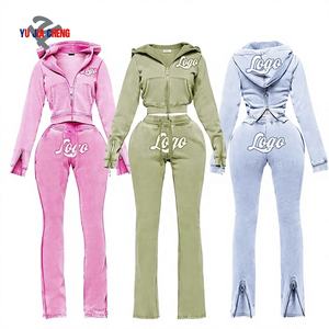 Pantaloni della tuta di alta qualità e Top corto con Zip felpa con cappuccio da <span class=keywords><strong>donna</strong></span> abiti firmati personalizzati due pezzi tute con cerniera - Product Image 1