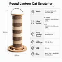 Griffoir pour chat en carton ondulé en forme de lanterne ronde avec base en bois et jouet à bille, 2 tailles, personnalisable OEM/ODM