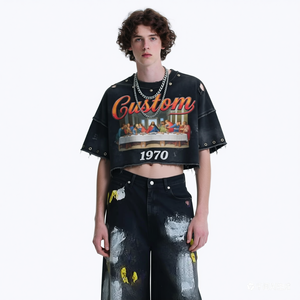 T-shirts personnalisés surdimensionnés en coton avec impression sérigraphique et strass, style Hip Hop Streetwear, impression DTG, motif à bords coupés, effet délavé soleil pour homme - Product Image 2