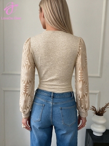 Loveda Ingrosso Tuta Intera da Donna Personalizzabile con Logo, Estiva, Sexy, in Pizzo, a <span class=keywords><strong>Maniche</strong></span> <span class=keywords><strong>Lunghe</strong></span>, Monocolore, con Scollo a V Profondo, Vestibilità Slim - Product Image 3
