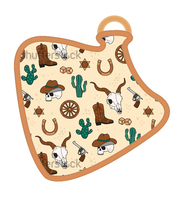 Bavoir en forme de vache Western Sketch, imprimé bottes de cowboy et cactus avec anneau en bois pour bébés garçons