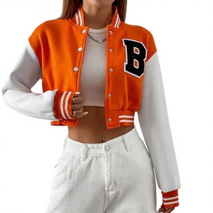 Orange White Patchwork Winter Varsity <b>Jacket</b> Letter B Embroidery Streetwear Style Crop Top Unisex <b>Short</b> <b>Sleeve</b> Stand Collar - Product Image 1
