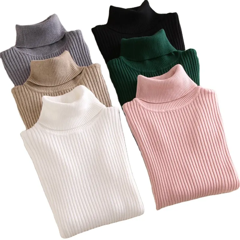 2022 Koreanische Winterkleider Kleidung 100% Baumwolle Gestrickt Schlank Einfarbig Roll kragen pullover Für Frauen
