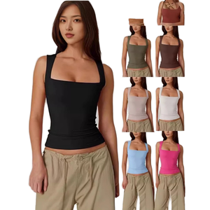 Novedad Verano 2025 para <span class=keywords><strong>Amazon</strong></span> <span class=keywords><strong>Camiseta</strong></span> Básica Negra de Mujer Ajustada <span class=keywords><strong>sin</strong></span> <span class=keywords><strong>Mangas</strong></span> con Cuello Cuadrado de Doble Capa Tejida - Product Image 1