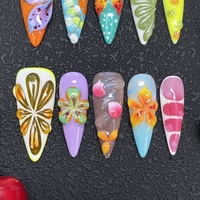 Nouveaux Ongles Press-on Carrés Amande en PMMA Sculptés en Gel 3D avec Motifs Floraux, Faits à la Main, 10 Pièces, Ongles Artificiels de Haute Qualité pour Salon de Manucure