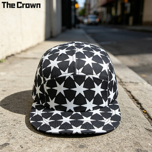 Custom Logo Cotton Star Print 5 Panel Camp Cap Wholesale Bulk Interlocking Pattern <b>Flat</b> Brim <b>Hat</b> Manufacturer - Product Image 1