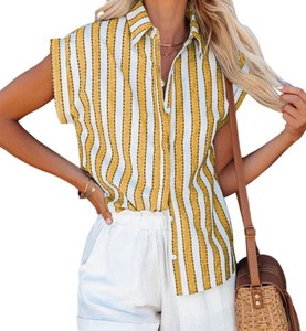 Blus Wanita Diskon Besar Garis Hitam Putih Kantor Wanita Elegan Bergaris Lengan Pendek Kancing Tunggal - Product Image 6