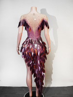 Robe de danse sexy pour groupe de filles, couleur violet ombré, avec plumes 3D, feuilles, strass, maille transparente et fente haute, tenue de scène, Drag Queen