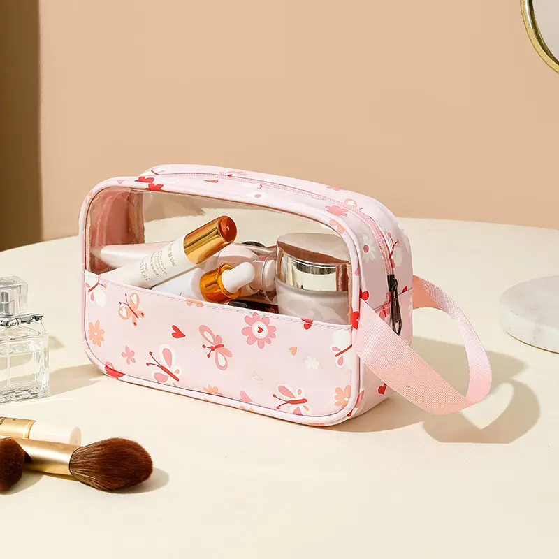 Square clear make up toiletry bags transparent pvc print flowers new fashion design cosmetic bags clear travel pouches