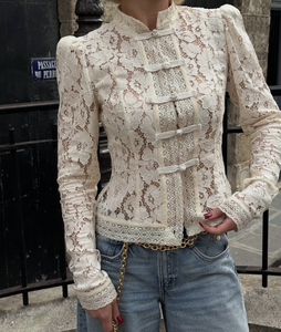 Chemisier Femme Chic et Tendance Style Européen et Américain, <span class=keywords><strong>Col</strong></span> Montant, Dentelle Florale Brodée, Coupe Ajustée, Idéal pour le Travail - Product Image 4