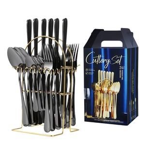 24 Piece Cutlery <strong>Set</strong> Stainless Steel Flatware <strong>Gold</strong> Forks Knives Spoon <strong>Set</strong> 24 Pcs Cutlery Silverware <strong>Set</strong> With Stand - Product Image 2