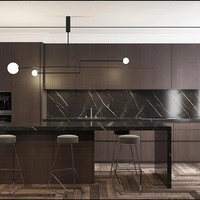 Kabinet Dapur Modular Modern Kelas Atas dengan Veneer Kayu dan Keran untuk Apartemen, Konstruksi Papan Melamin