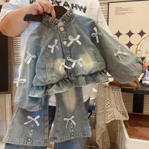 New Style Girls' Denim Fleece-<b>lined</b> Set Slightly Stretchy Flared <b>Jeans</b> Two-piece Trendy Set Girls Clothing Set - Product Image 3