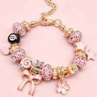 Bracelet à breloques en alliage, motif léopard rose, avec pendentifs huit cœurs, étoile, nœud et fleur noirs, bijou de mode