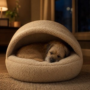 Lit pour chien et chat Teddy Sherpa Calming Hooded Cave, confortable, anti-anxiété, fabrication OEM ODM, vente en gros, fournitures pour animaux de compagnie - Product Image 1