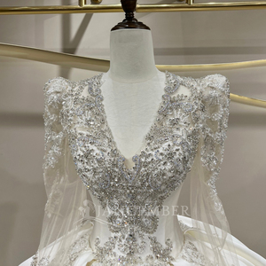 JFH88 Exquisite Satin V-Neck <b>Sequined</b> Crystal Chapel Train Modern Floral Lace Appliques Embroidery Floor-Length Wedding Ball - Product Image 5