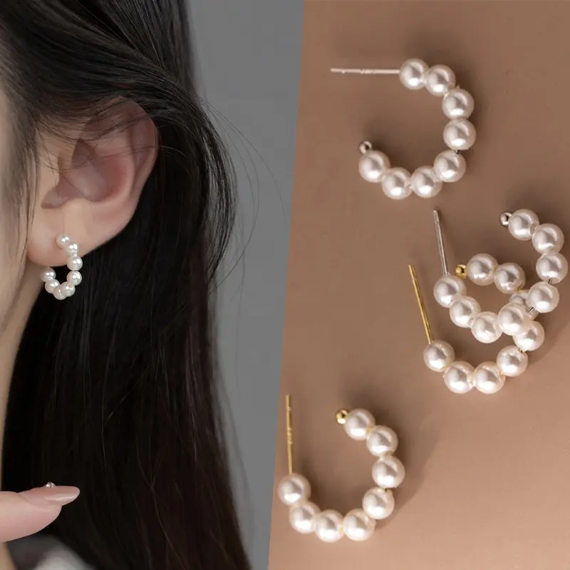Gioielli di moda orecchini a cerchio in argento Sterling 925 con perline orecchini a forma di conchiglia a forma di C per le donne