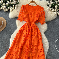 Robe longue décontractée pour femme, élégante, orange, en dentelle ajourée, coupe trapèze, à manches courtes, pour le quotidien, les fêtes et les vacances