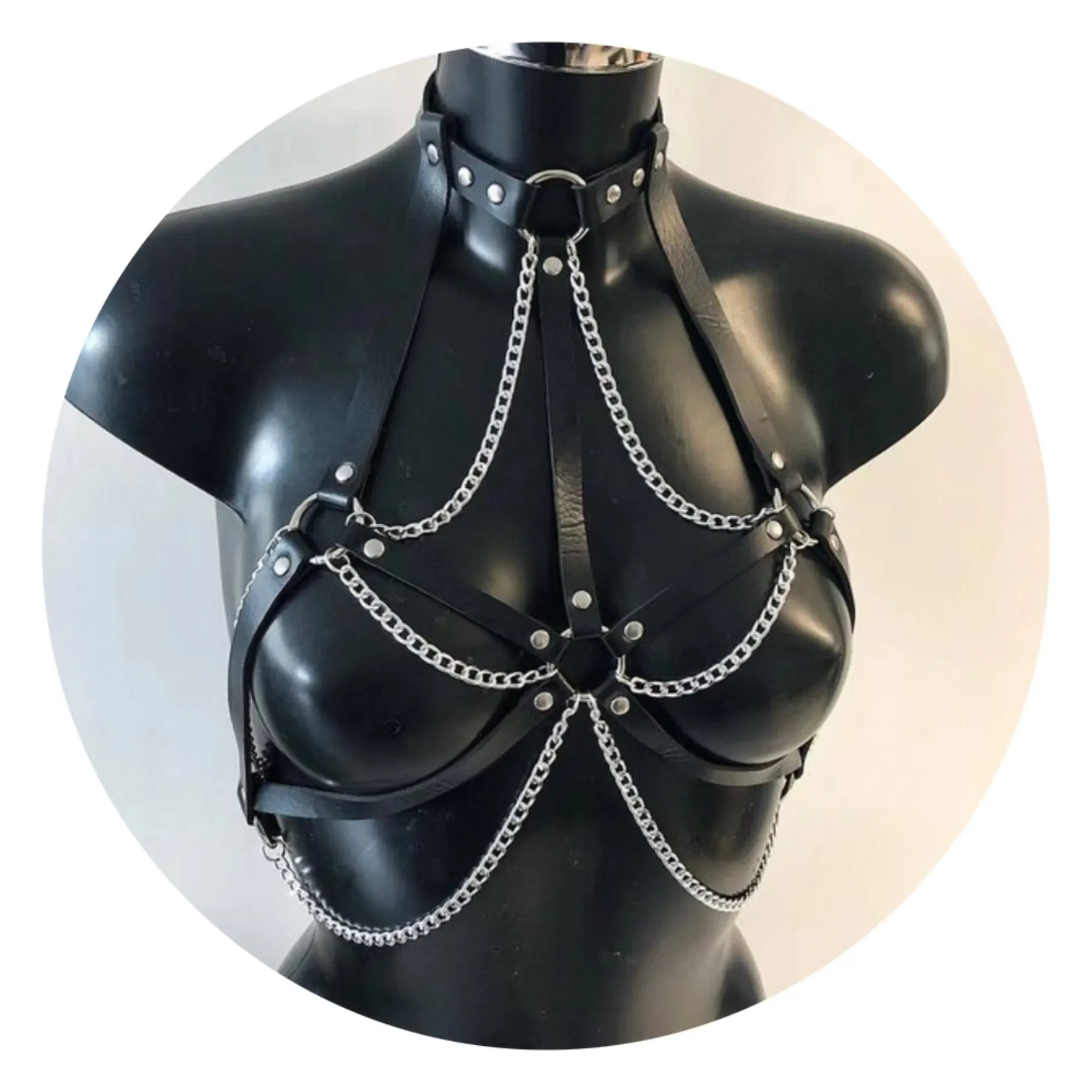 Wholesale Goth Bdsm women Leather Multi-layer Tassel Harness Body Chain Thick Chain Bra Chest Necklace Sexy lingerie